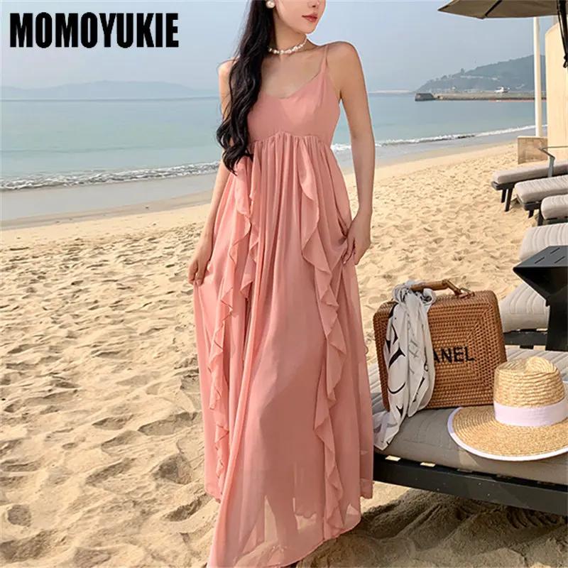 New Summer Versatile Fashion Leisure Vacation Strap Dress Seaside Chiffon Fairy Dress Advanced sense Simple Soft Com
